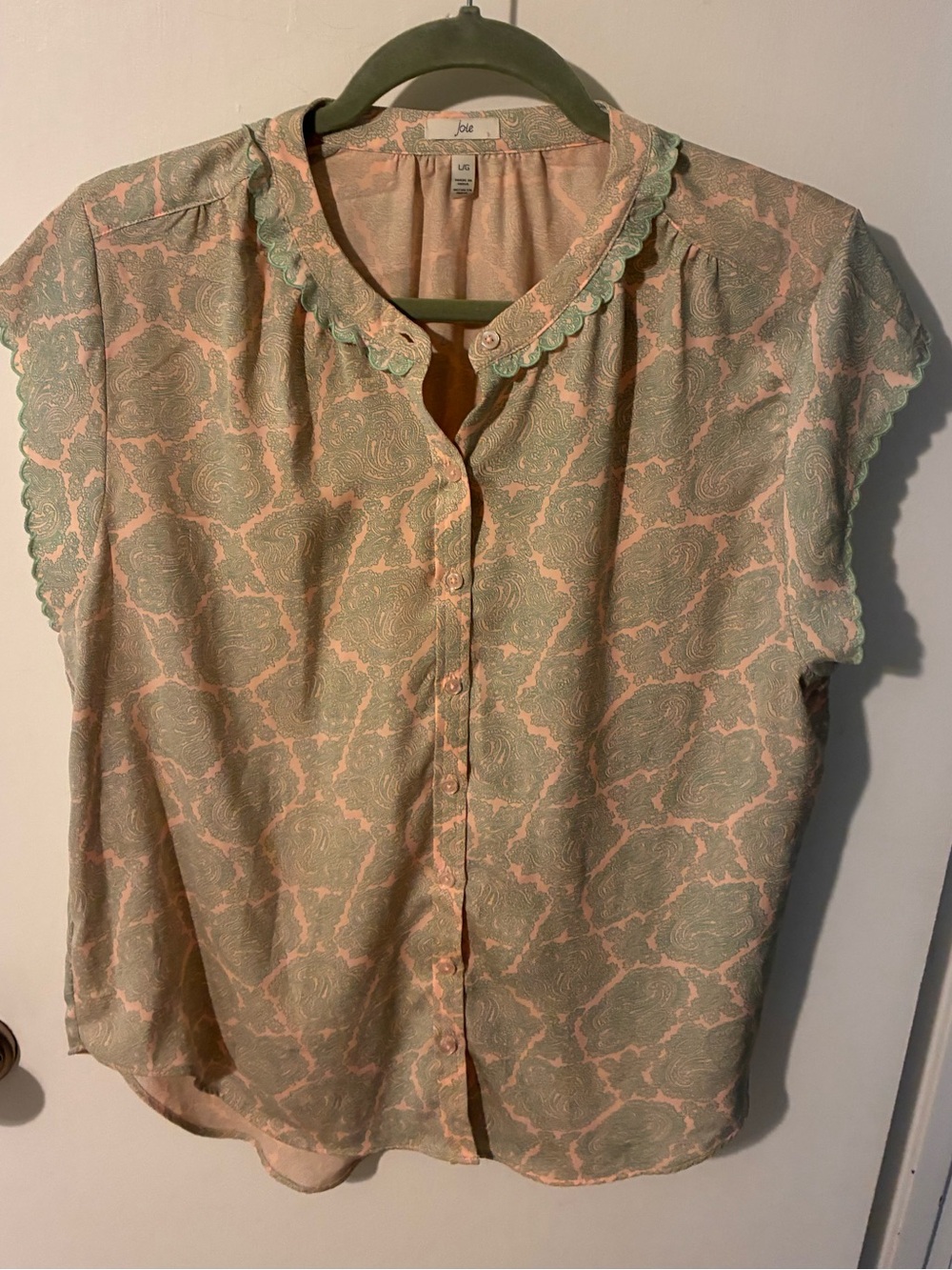 Joie Sleeveless Button-Front Top in Sage and Blush Medallion Print Large